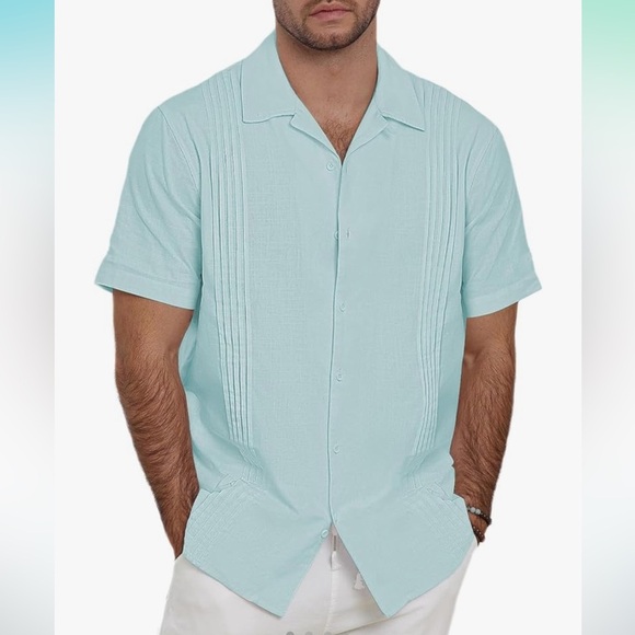 Light blue linen pleated Cuban collar, short sleeve shirt, size medium NWOT - Picture 1 of 6